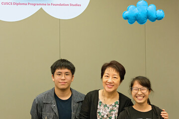 Dr. Ella Chan and two student emcees, Jackel and Singa